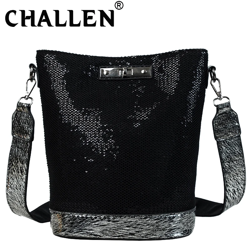 Fashion Luxurious female Korean Sequin Bling Black Bag shoulder Bucket bag Designer Ladies Crossbody Messenger Bags B42-29