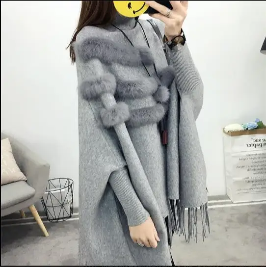 

Spring And Winter Women High Collar Real Rabbit Fur Cloak Pullover Lady Bat Sleeves Tassel Poncho Sweater Knitwear E953