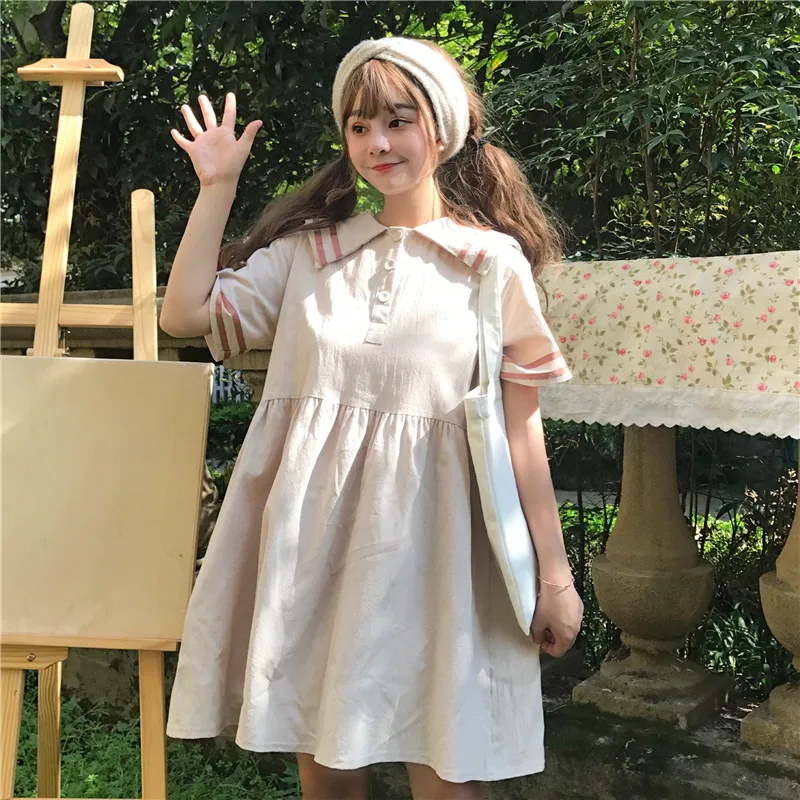 Японское летнее свободное платье с коротким рукавом, мягкое милое Свободное платье с темно-синим воротником, милое платье в стиле преппи