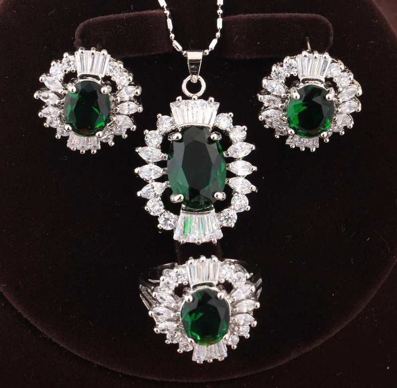 

2016 Hot Green 925 Sterling Silver Jewelry Sets Earring Pendant Ring Size 6 7 8 9 10 S8012