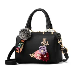 Летние Для женщин сумки Цветочные Для женщин кожаные сумки модные элегантные сумка бочкообразные Сумка Черный