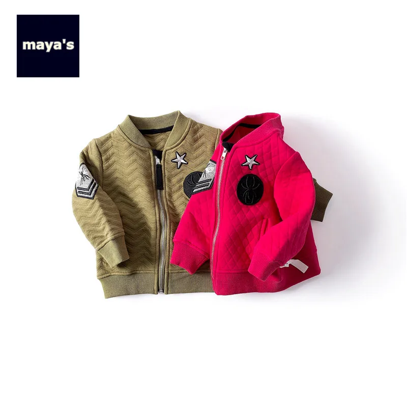 Mayas/Мягкое хлопковое осеннее пальто с аппликацией для мальчиков Красная Спортивная модная зимняя куртка для девочек новая весенняя верхняя одежда для детей, 81197