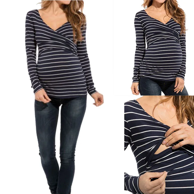 Pregnant Women Striped Short Sleeve T-Shirt Maternity Breastfeeding Blouse Tops 