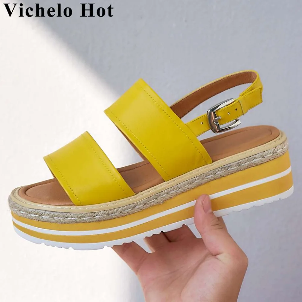

Vichelo Hot natural leather buckle strap wedges platform peep round toe women sandals med bottom daily wear gladiator shoes L99