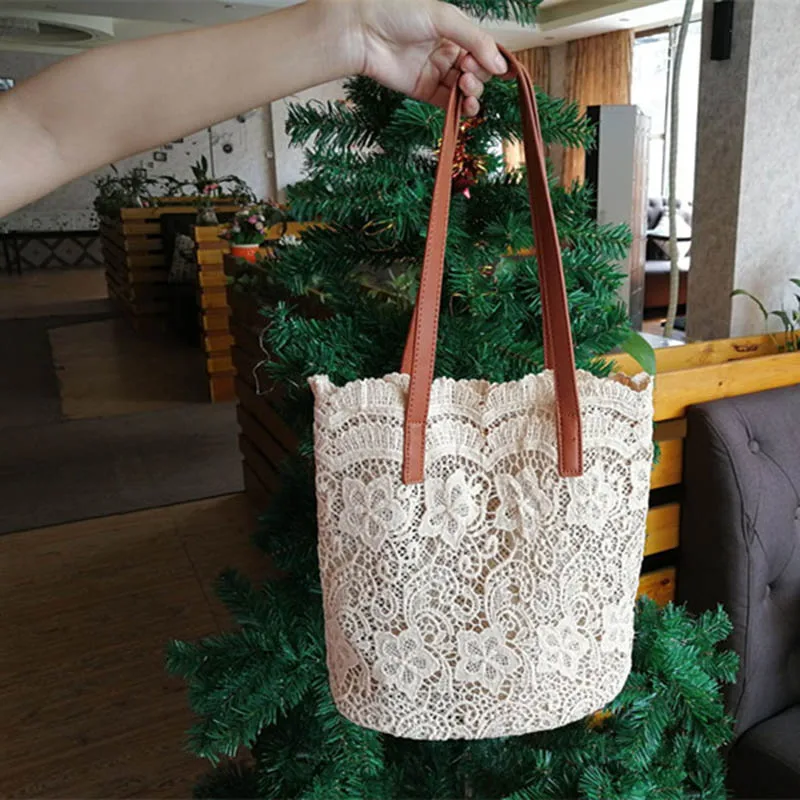 

New Style Floral Lace Handbag Women Beach Shoulder Bag Child Mother Bucket Shoulder Bags