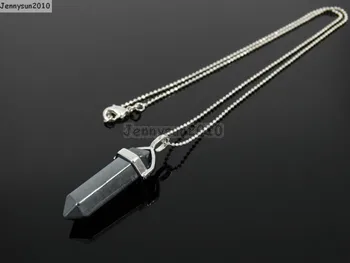 

Natural Hematite Gems Stones Hexagonal Pointed Healing Reiki Chakra Pendant Silver 17'' Chain Necklace 5Sets/Pack