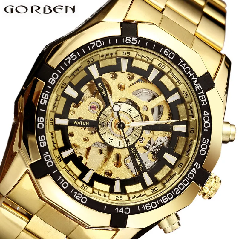 Pulseira de Ouro Relógio de Pulso Marca de Luxo Relógio Mecânico Automático Homem Vencedor Esqueleto Relógios Masculino Auto-enrolamento