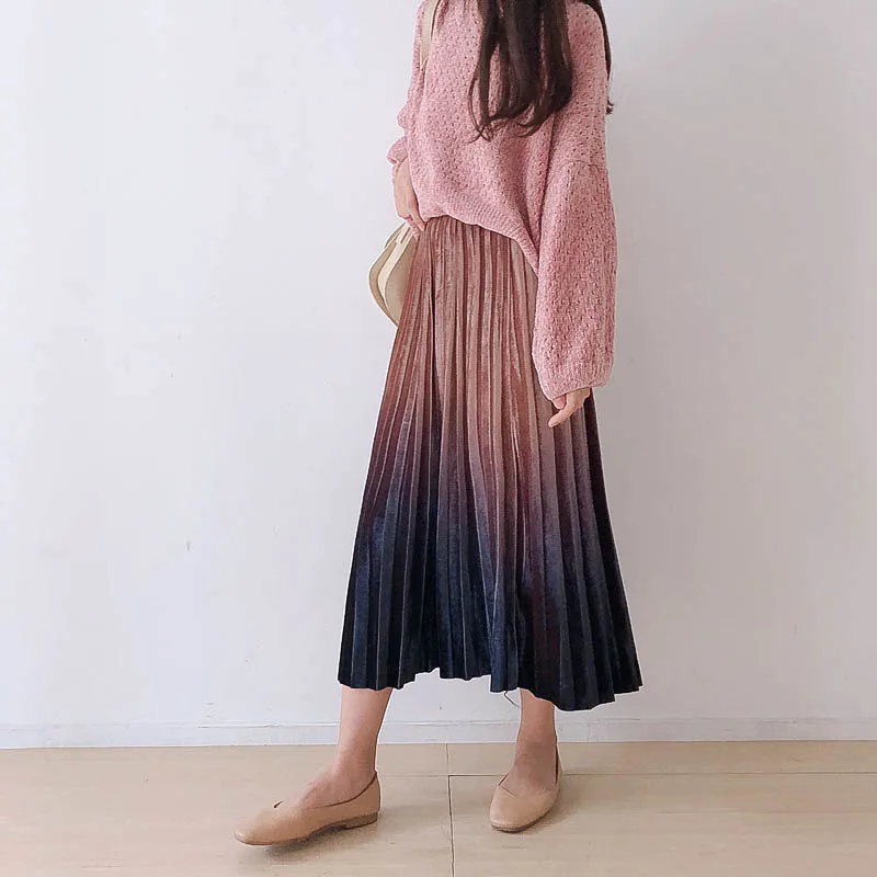 

Temperament gradient autumn winter velvet high waist elastic waist Pleated skirt Female