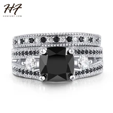 HERFANS Silver Color Black Square Stone Ring Sets Luxury 2 Rounds Fashion Cocktail Party Ring Brand Jewelry For Women R617