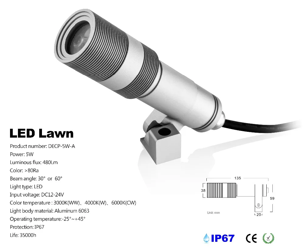 

DC12v~24v Aluminum waterproof LED Spotlight downlight 5W IP67 5 years warranty CE and ROHS certification 30 60 angle 480Lm