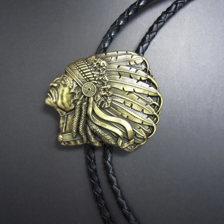 

Vintage Bronze Plated Western Chief Bolo Tie Wedding Leather Necklace Neck Tie