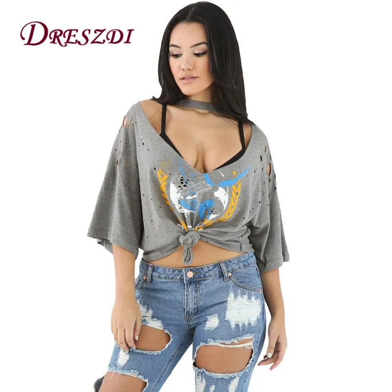 Fashion Black Rock&Roll Skull Graphic Print Ripped T Shirt Women Oversize Top Summer V Neck 