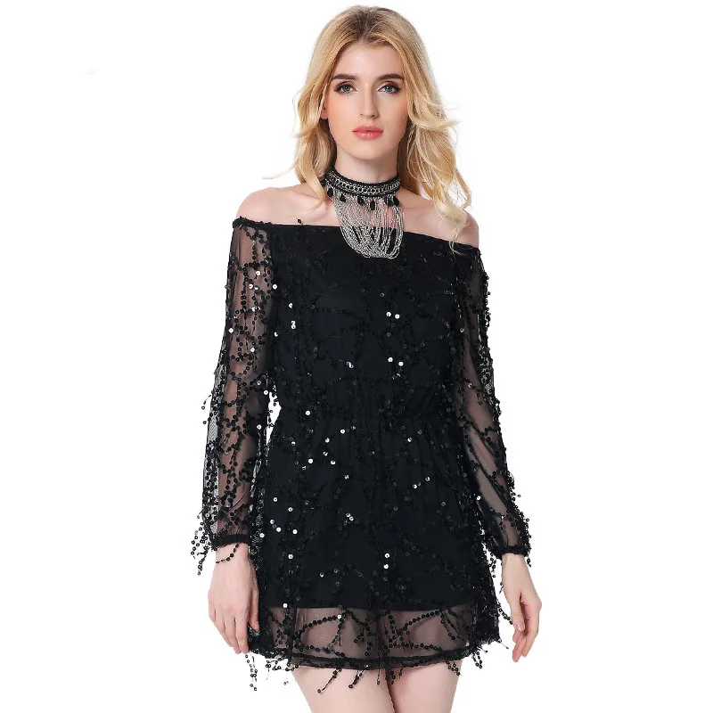 Wholesale 2017 new fashion dress women Evening Club Party Sexy Sequin Chiffon Long Sleeve dresses slash neck female clothing Spring Autumn Buy Cheap 2017 new fashion dress women Evening Club Party Sexy Sequin Chiffon Long Sleeve dresses slash neck female clothing Spring Autumn