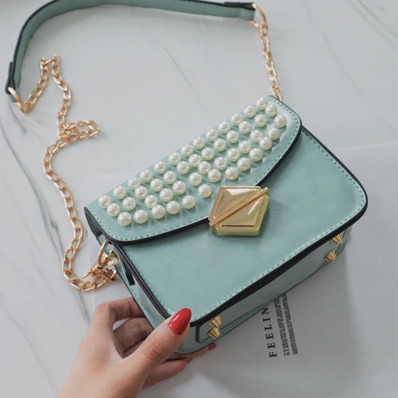 

Luxury Brand Pearl Small Square bag 2019 Summer New Quality Leather Women's Designer Handbag Lock Chain Shoulder Messenger Bag