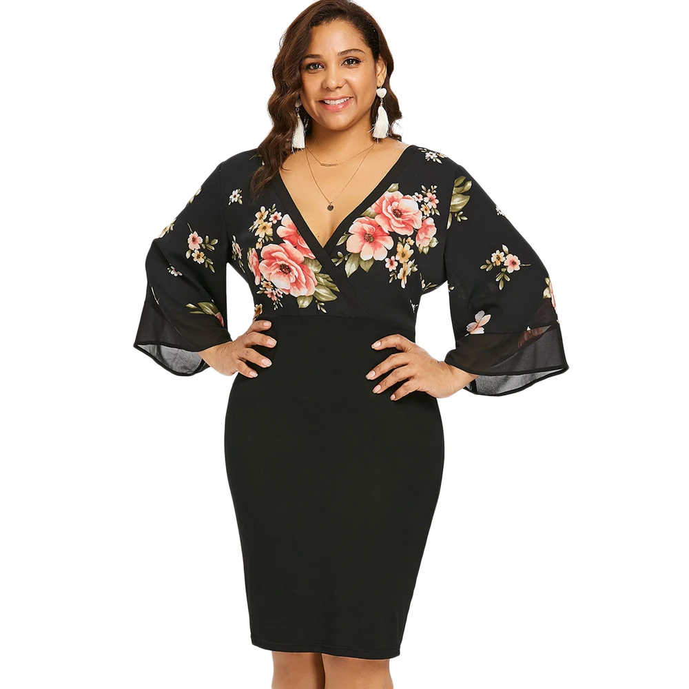 

Wipalo Plus Size Bell Sleeve Low Cut Floral Bodycon Dress Women Plunging Neck 3/4 Sleeve Summer Dresses Party OL Dress Vestidos
