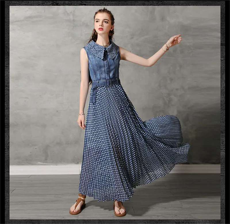 Summer Dot Woman Dress 2019 Vintage Women's Denim Dresses Sleeveless Lace Turn-down Collar Belted Chiffon Patchwork Vestido (7)