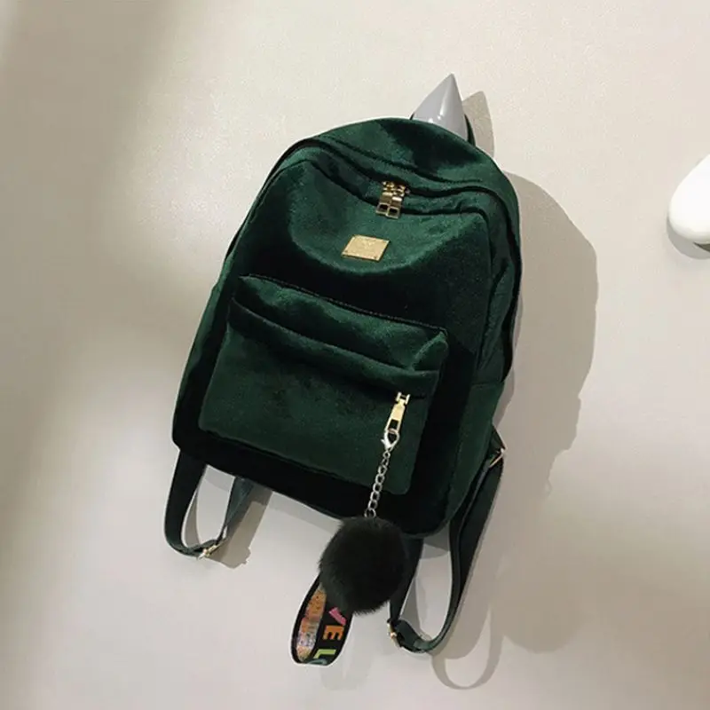 

2019 Fashion Women Gold Velvet Backpack Casual Zipper Hair Ball Pendant Backpacks Solid Color Work College Bag mochila feminina