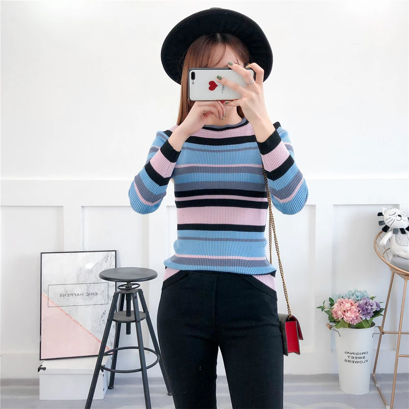 Harajuku Sweater Ladies Multicolor Striped Pullover Sweaters Slim Long Sleeved Flat Knitted Sweater Winter Clothes Women