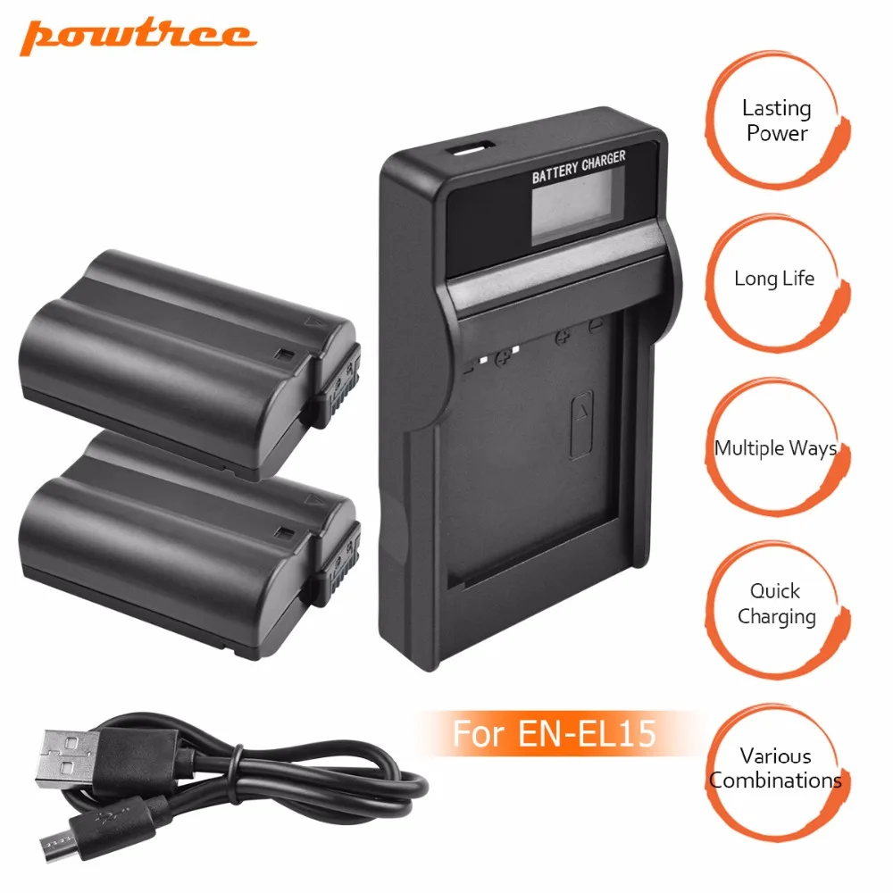 

2X EN-EL15 ENEL15 EN EL15 Camera Battery+LCD Battery Charger for Nikon D500 D600 D610 D750 D7000 D7100 D7200 D800 D850 D810 L10