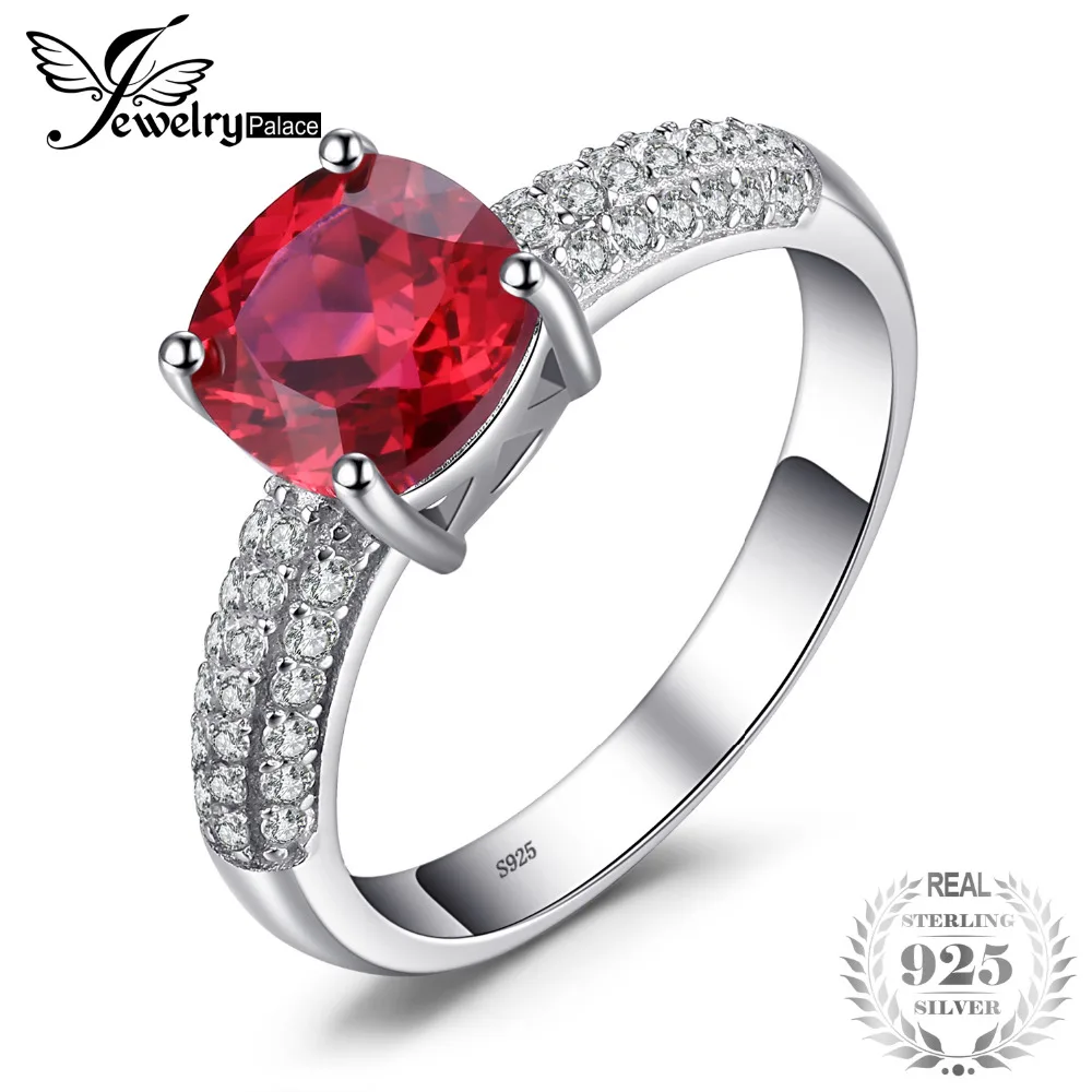 JewelryPalace Cushion 2.6ct Created Red Ruby Solitaire Engagement Ring 925 Sterling Silver Promotion Engagement Wedding Ring