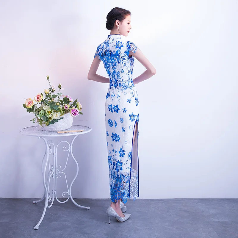 Синий и белый фарфор современный Qipao длинное свадебное китайский антиквариат для продажи традиционное Ципао сексуальное Восточный вечер платье