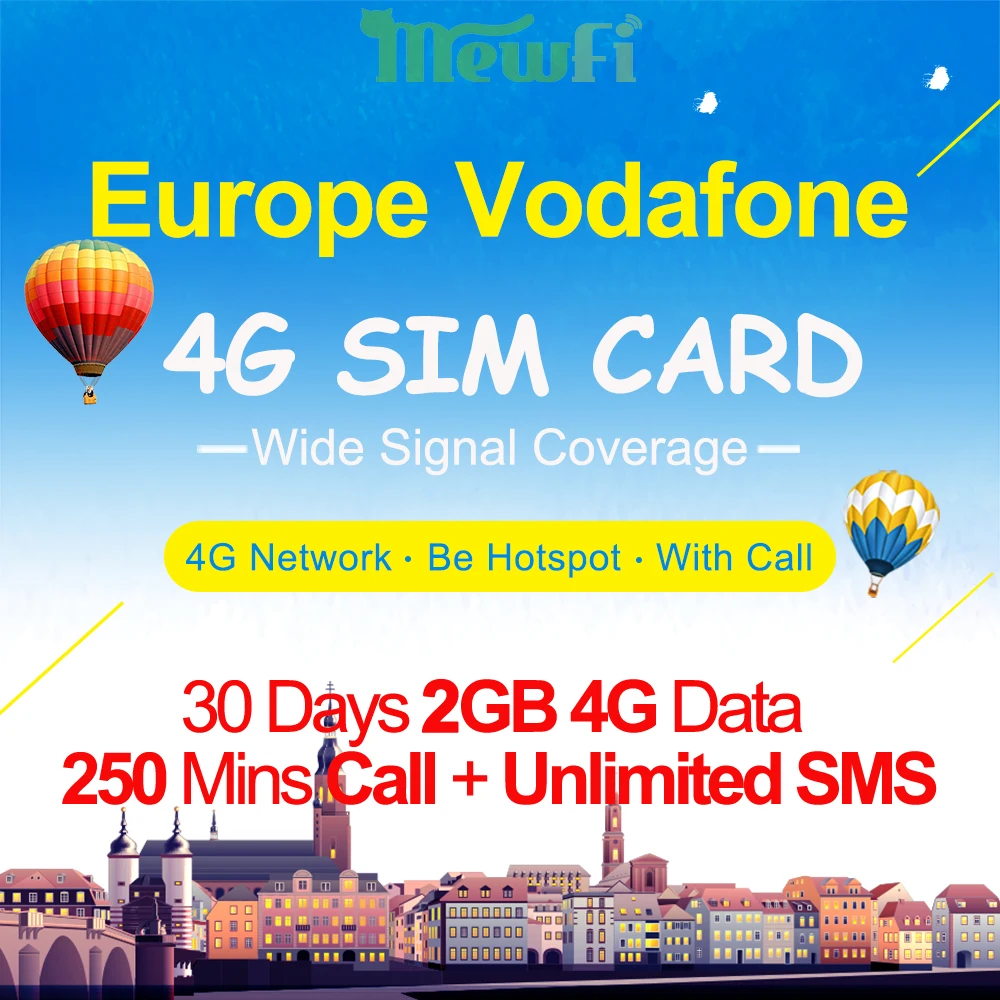 Mewfi Vodafone Europe Travel Sim Card 30 Days 2GB High Speed 4G Data+250 Mins Call+Unlimited SMS
