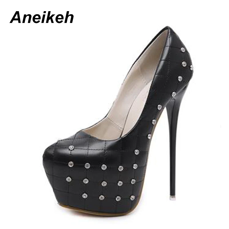 Aneikeh Spring Autumn Woman Sexy Pumps Extreme High Heels Designer Shoes Rhinestone Rivet Round Toe Platform Stiletto Shoes Aneikeh Spring Autumn Woman Sexy Pumps Extreme High Heels Designer Shoes Rhinestone Rivet Round Toe Platform Stiletto Shoes