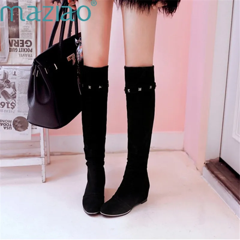 Boots Women Short Fur Suede Round Head Wedge Shoes Fashion Winter Boots Women Warm Knee High Boots MAZIAO