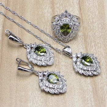 

925 Sterling Silver Jewelry Olive Green Zircon White CZ Bridal Jewelry Sets For Women Anniversary Earrings/Pendant/Necklace/Ring