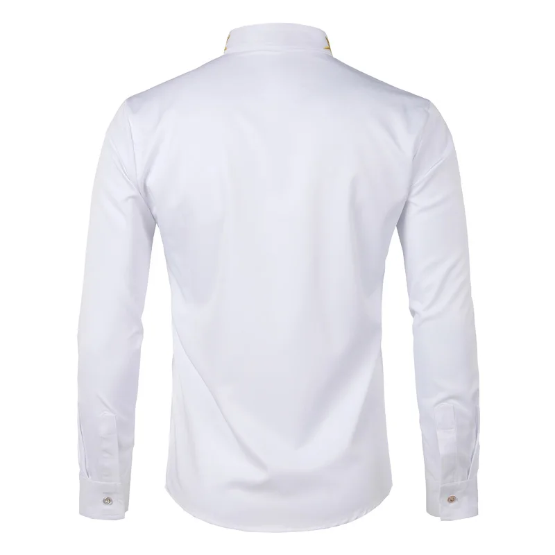 Goedkoop Mode Borduren Overhemd Mannen 2018 Herfst Nieuwe Mandarijn Kraag Lange Mouwen Dress Shirt Heren Slim Fit Wedding Tuxedo Shirts Mannelijke