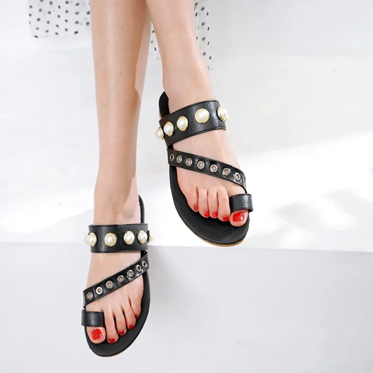 

Big Size 9 10 11-19 summer flat sandals ladies women shoes woman Hollow out the pearl flip-flop
