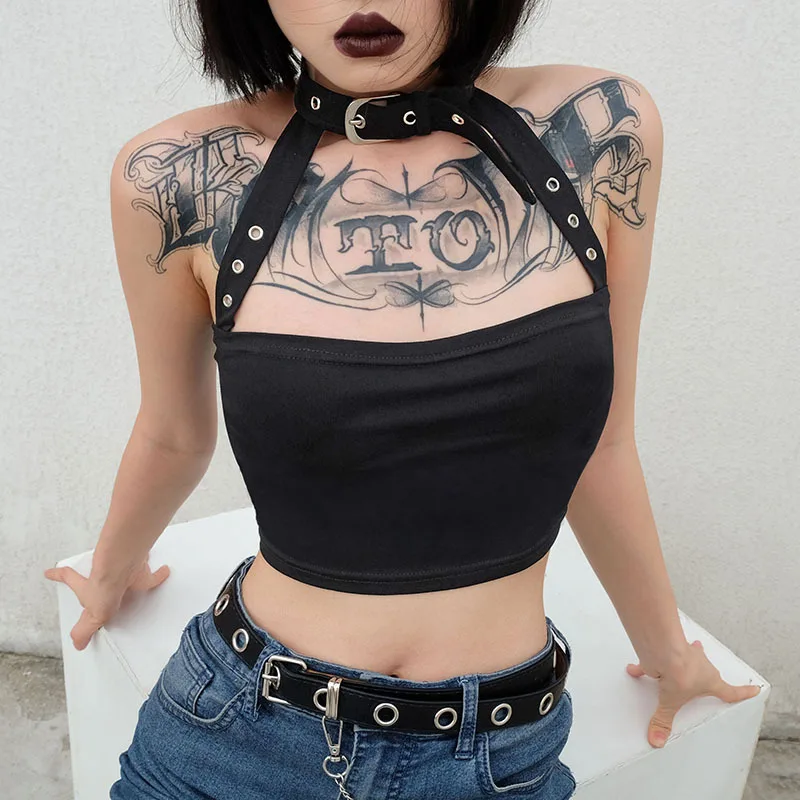 

Women Black Hollow Out Tank Top Sexy Streetwear Cropped Tank Tops 2019 Summer Camis Feminino Backless Crop Top Cotton Mini Top