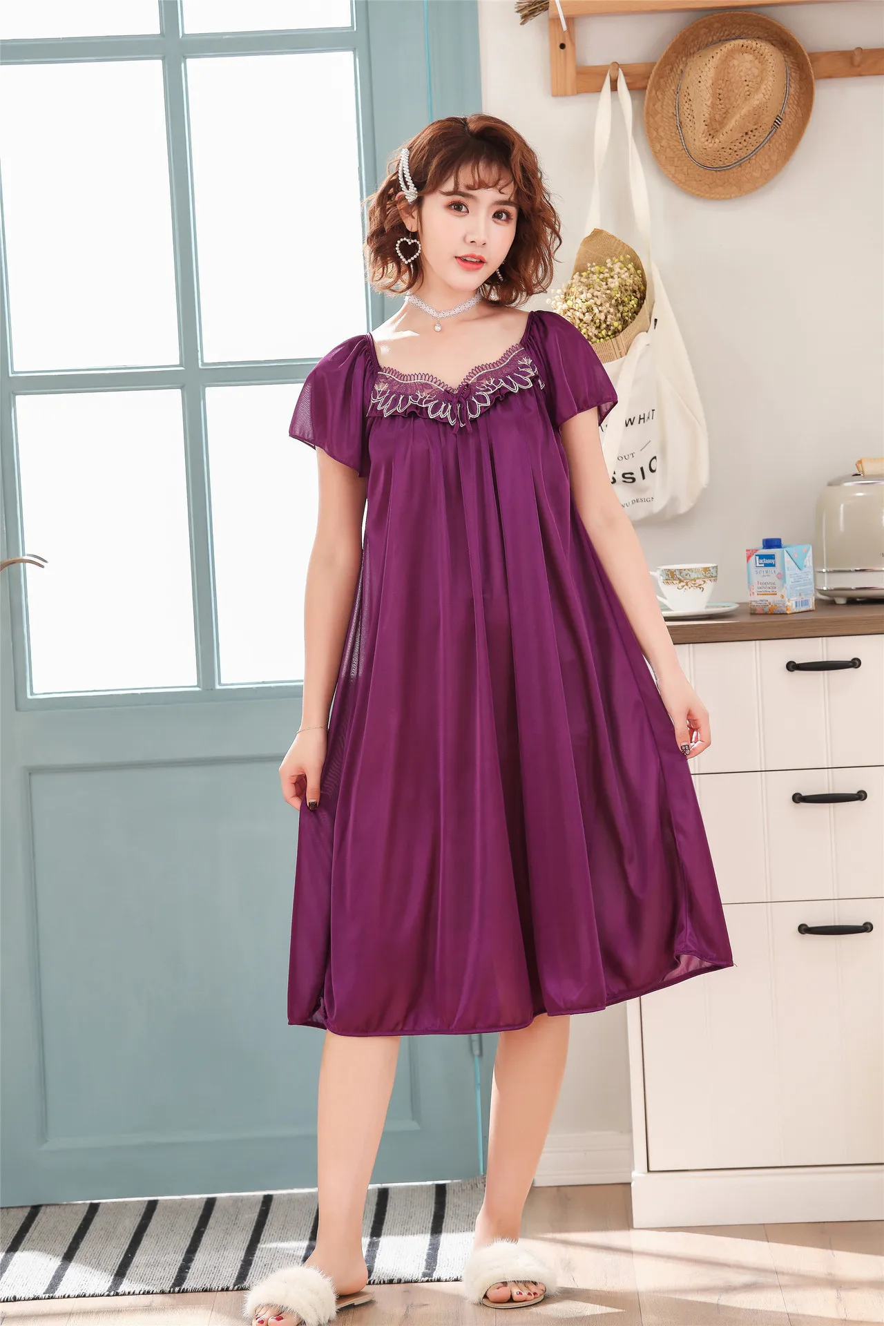 Женское сексуальное шелковое атласное Ночное платье с коротким рукавом, ночная рубашка с v-образным вырезом, летняя ночная рубашка, кружевное Ночное платье, одежда для сна для женщин