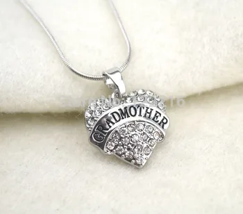 

20pcs a lot rhodium plated Gradmother with clear rhinestone heart pendant chain necklace