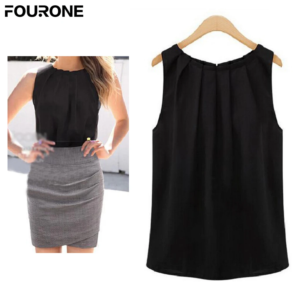 Summer Women Office OL style blouses Sleeveless Tropical Tops Chiffon shirts Tank Top Vest Casual Blusas S-XL Tops