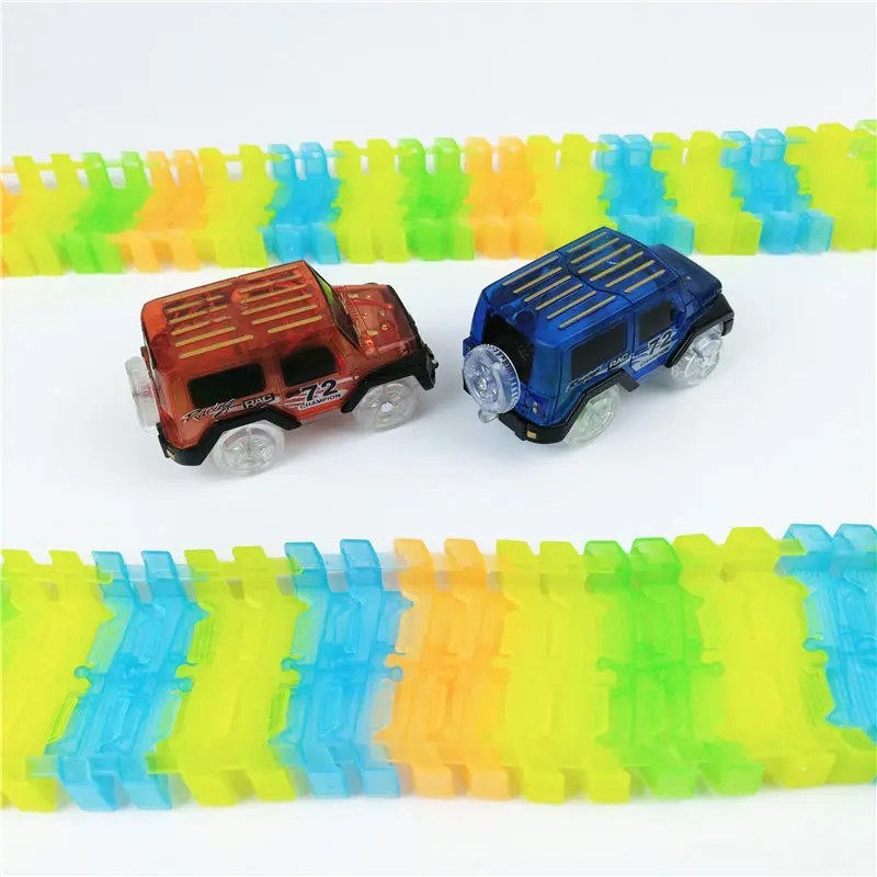 

100pcs Track + Cars Glow Racing Glowing Race Track Bend Flex Electronic Rail Glow Race Car DIY Toy Roller Coaster Toy For Kids