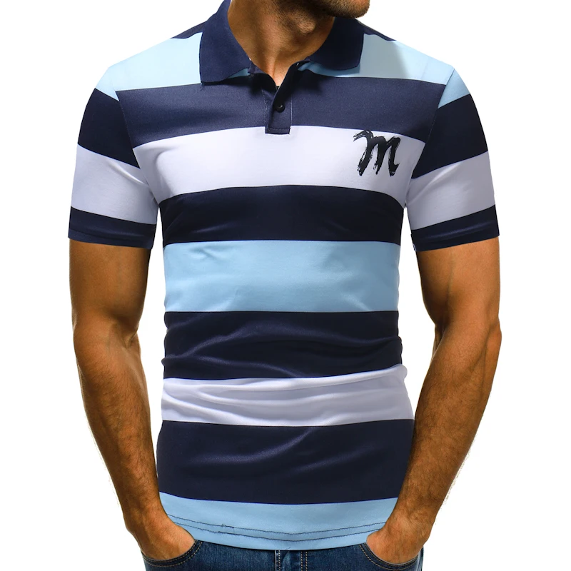 FRPE-Men Stripe Shirts T-Shirt Short Sleeve Business Casual Polo Shirt