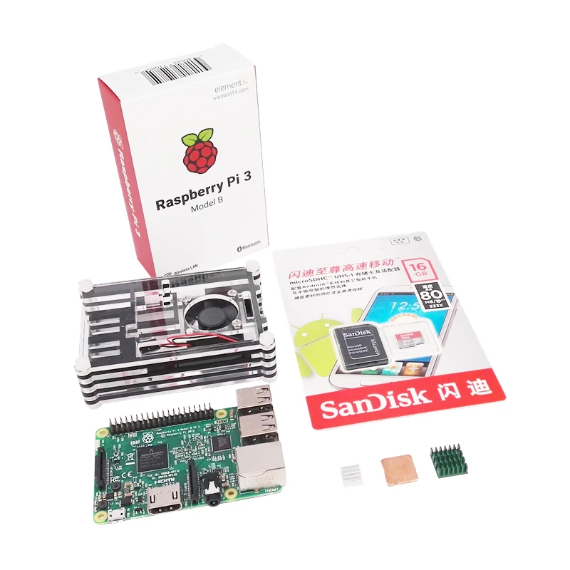 Lowest Price Original Element14 Raspberry pi 3 model B package include raspberry pi + case + power adapter + heak sink