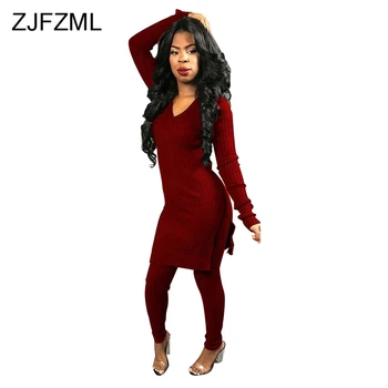 

ZJFZML Casual 2 Piece Sweat Suit Women's Tracksuit Long Sleeve V Neck Top And Skinny Trouser Autumn Winter Two Pcs Matching Set