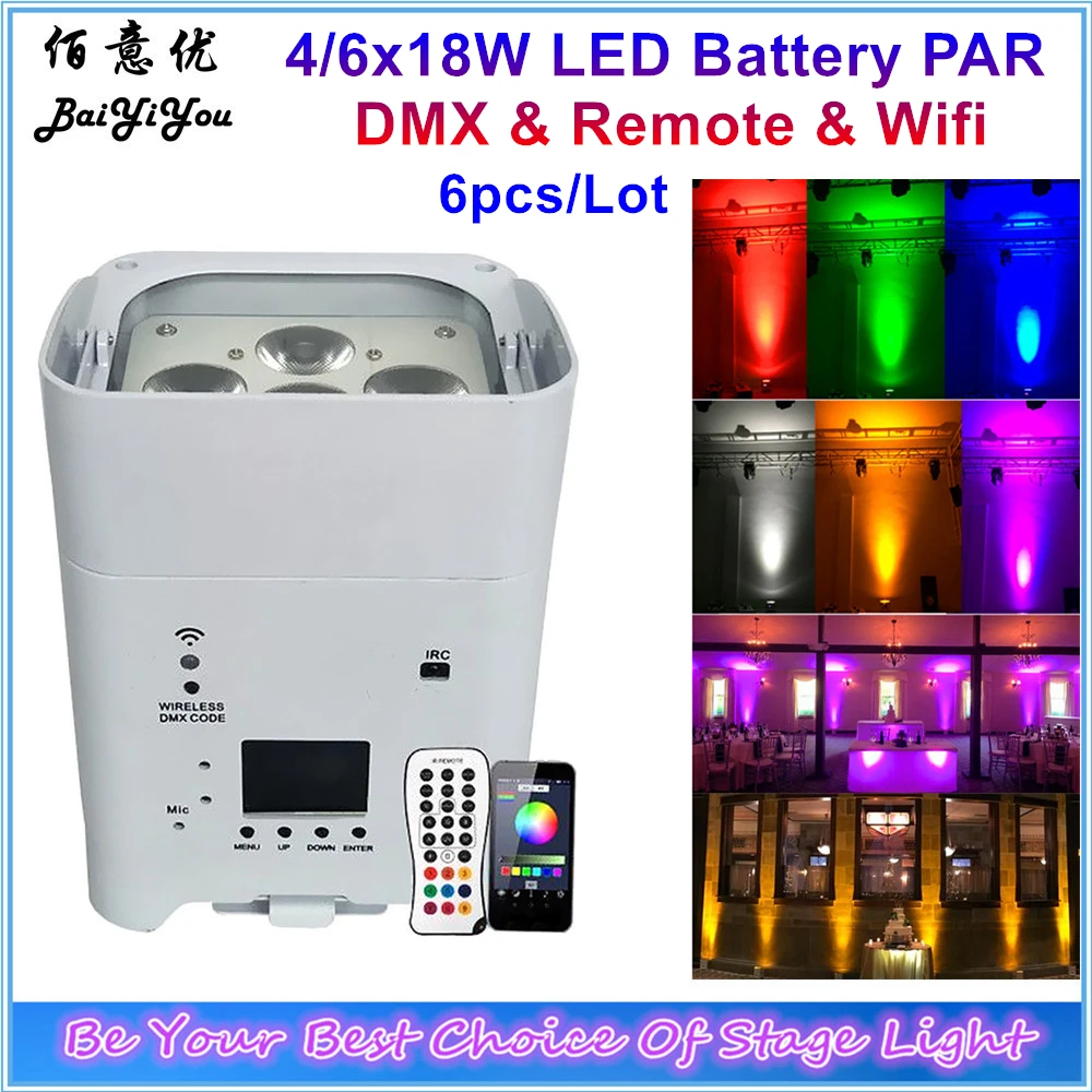 

6pcs LED Battery PAR Light Wireless DMX +IR Remote + Phone APP Wifi Control 4*18W Or 6X18W RGBWA+UV 6 in 1 LED Flat Par Light
