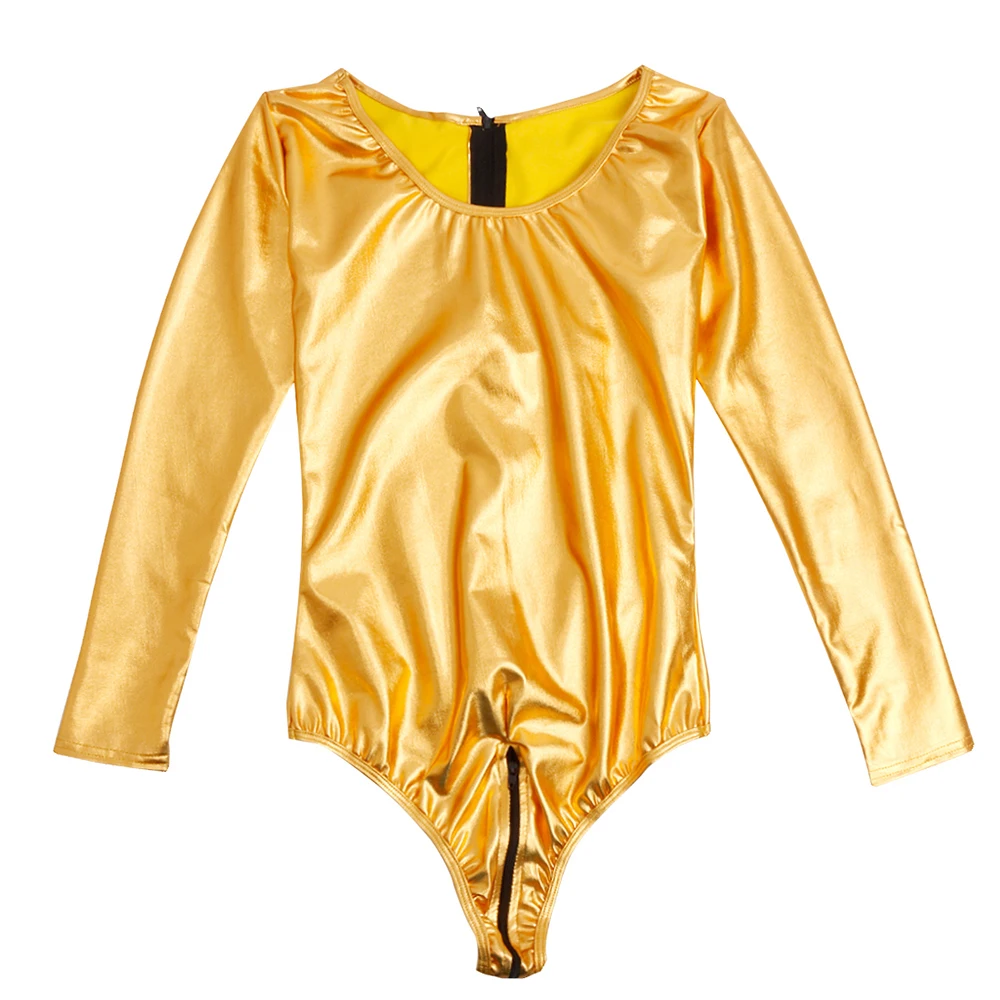 iEFiEL Sexy Womens Wetlook Bodycon Patent Leather Leotard Bodysuit with Zipper Crotch High Cut Dancewear for Nightclub Parties white bodysuit