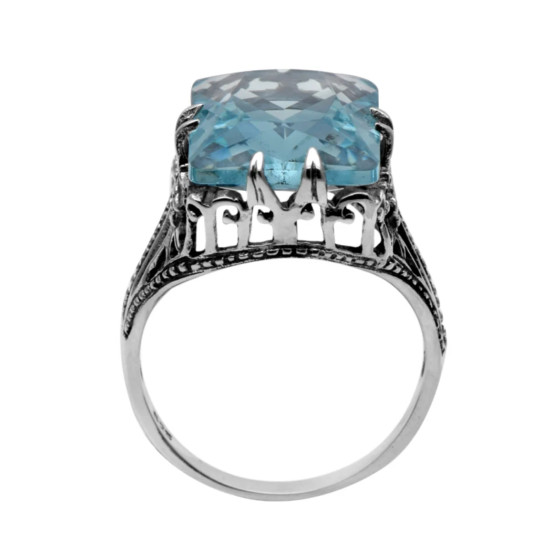 Szjinao 925 Sterling Silver Rings for Women Fashion Aquamarine Ring Frame Flowers Antique Wedding Ring