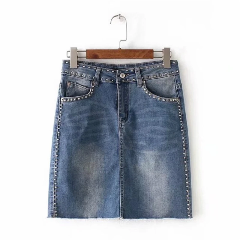 Women Elegant Rivet Decorate Denim Skirt Chic Pockets Ladies Fashion