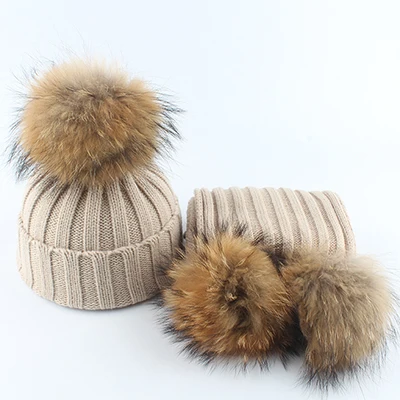 beige set Детский реальный меховой помпон Вязание шапочки шапки шарфы комплект костюм мальчики мальчики шапки шарф зима теплая - Цвет: beige set