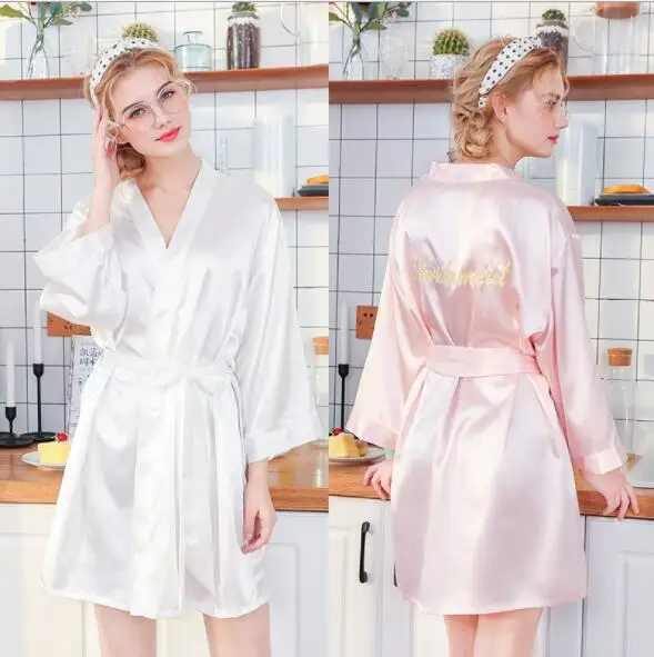 

Plus Size Silk Bridesmaid Robes Mini Dressing Gowns for Women Long Sleeve Kimono Robe 2019 Spring Summer Sleepwear Pink White