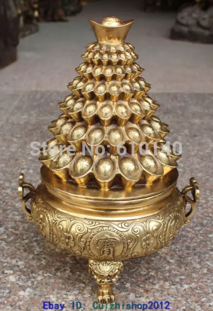 

12"Marked Chinese Bronze Gilt Wealth YuanBao Dragon Lion Ruyi Incense Burner Pot