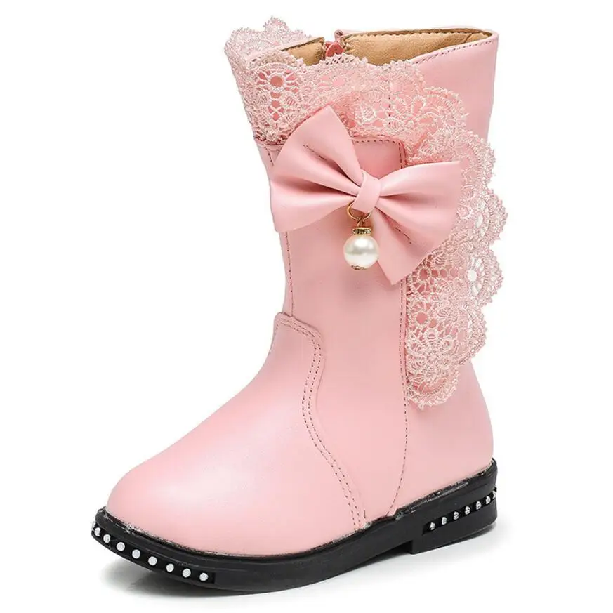

Winter Kids Boots Girls Boots Fashion Bow Sweet With Leather Ankle Length And Rubber Snow Children Boot Girls