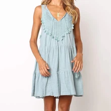 Boho Dress Casual Women Sleeveless Lace V Neck Summer Dress Streetwear Women Lace Up Hollow Out Loose Beach Dress vestidos D30 black casual round neck lace up side loose dress