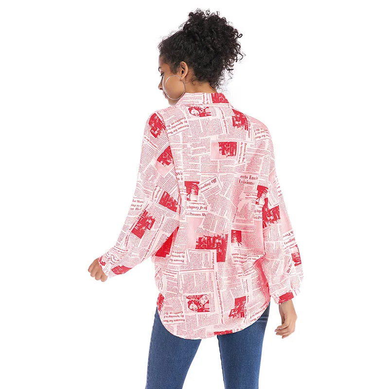 VZFF  Womens Tops And Blouses Fashion Letter Printed Newspaper Shirt 2019 New Female Lapel Single-Breasted Shirt Women