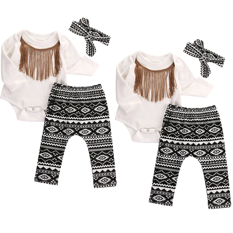 3 предмета, Одежда для новорожденных девочек боди с кисточками, топы с длинными рукавами+ штаны+ повязка на голову, леггинсы комплект одежды для маленьких девочек